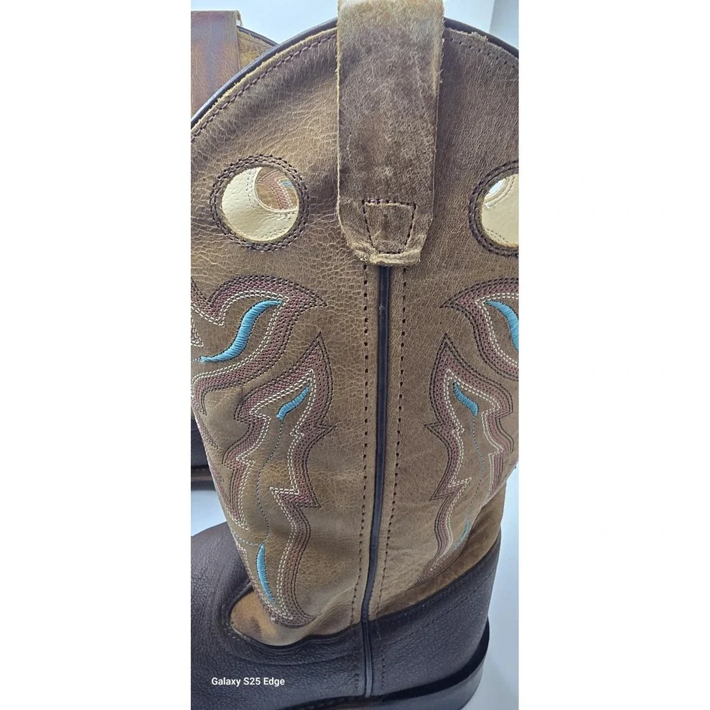 Old West Kids Size 5Y Western Cowboy Boots Tan Leather Square Toe